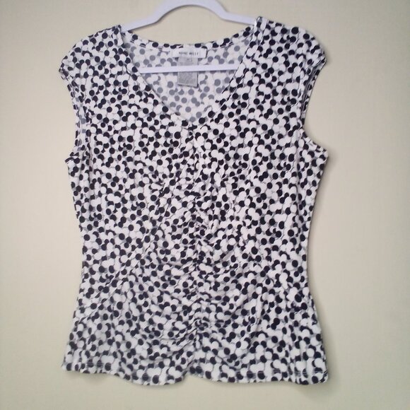 Nine West Blouse Women M Short Sleeve V-Neck Front Gathers Pattern Black White - Picture 1 of 15
